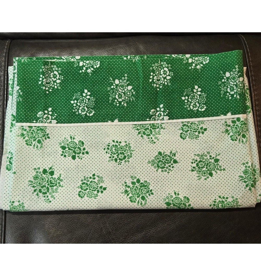 Vintage Burlington Twin Flat Sheet, Green Polka Dots & Flowers, Excellent